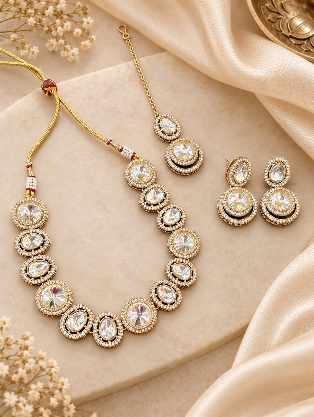 Silver Zircon Polki Necklace Set with Earrings & Maang Tikka